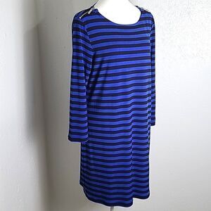 Michael Kors Blue & Black Stripe Dress, Silver Zippers on Shoulders,  Size Large